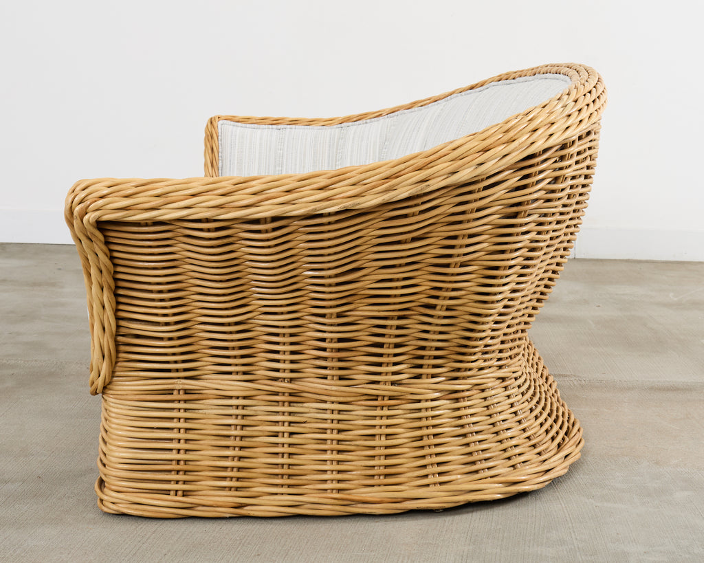 Michael Taylor Style Woven Rattan Sofa and Matching Ottomans