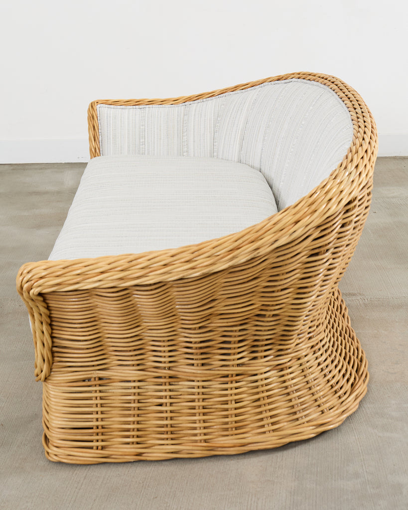 Michael Taylor Style Woven Rattan Sofa and Matching Ottomans