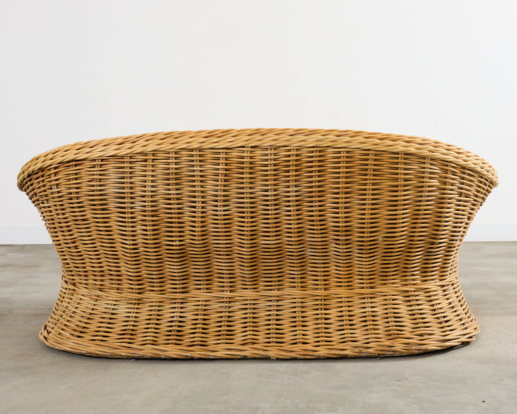 Michael Taylor Style Woven Rattan Sofa and Matching Ottomans