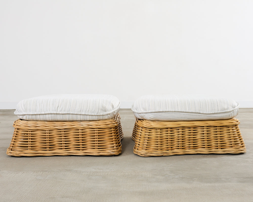 Michael Taylor Style Woven Rattan Sofa and Matching Ottomans