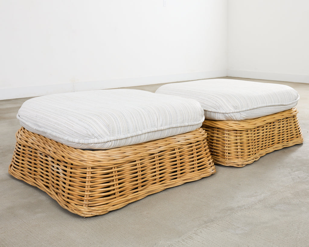 Michael Taylor Style Woven Rattan Sofa and Matching Ottomans