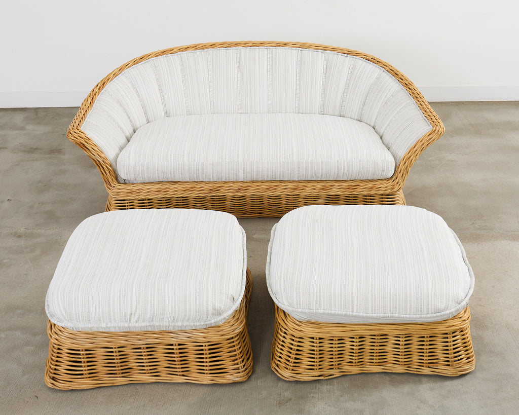 Michael Taylor Style Woven Rattan Sofa and Matching Ottomans