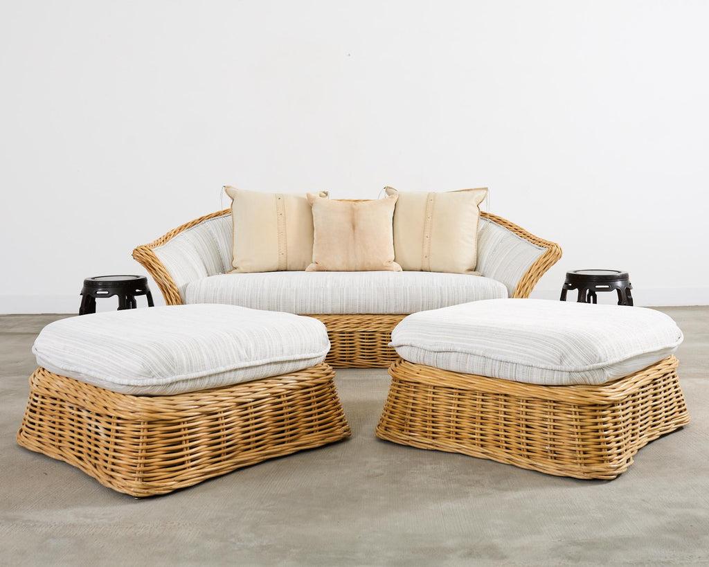 Michael Taylor Style Woven Rattan Sofa and Matching Ottomans