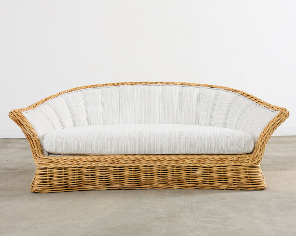 Michael Taylor Style Woven Rattan Sofa and Matching Ottomans