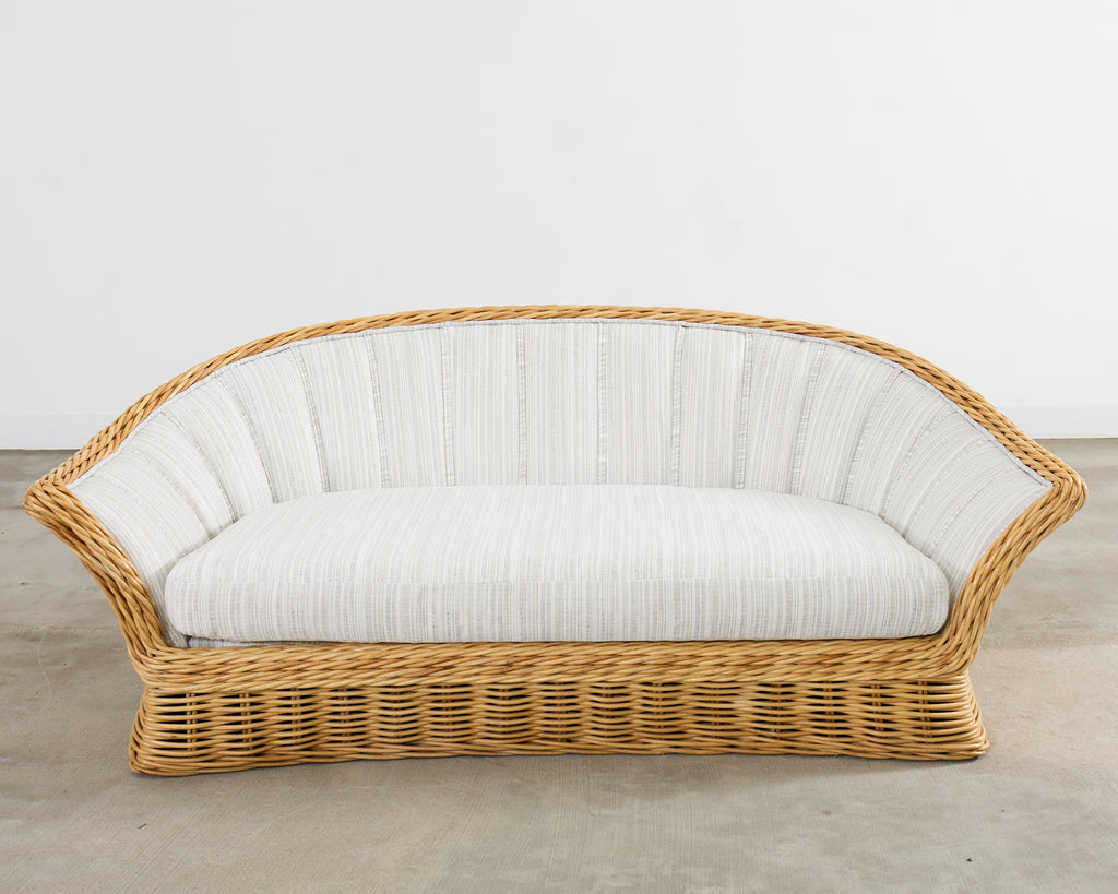 Michael Taylor Style Woven Rattan Sofa and Matching Ottomans