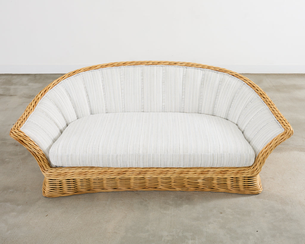 Michael Taylor Style Woven Rattan Sofa and Matching Ottomans
