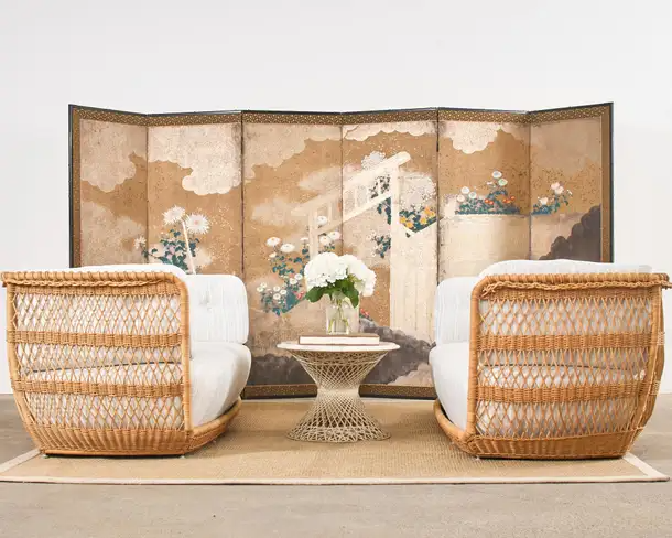 Japanese Meiji Six Panel Screen Brushwood Gate with Chrysanthemums