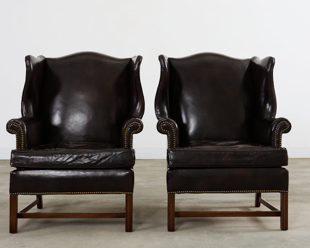 Pair of Georgian Style Cigar Leather Wingback Library Chairs