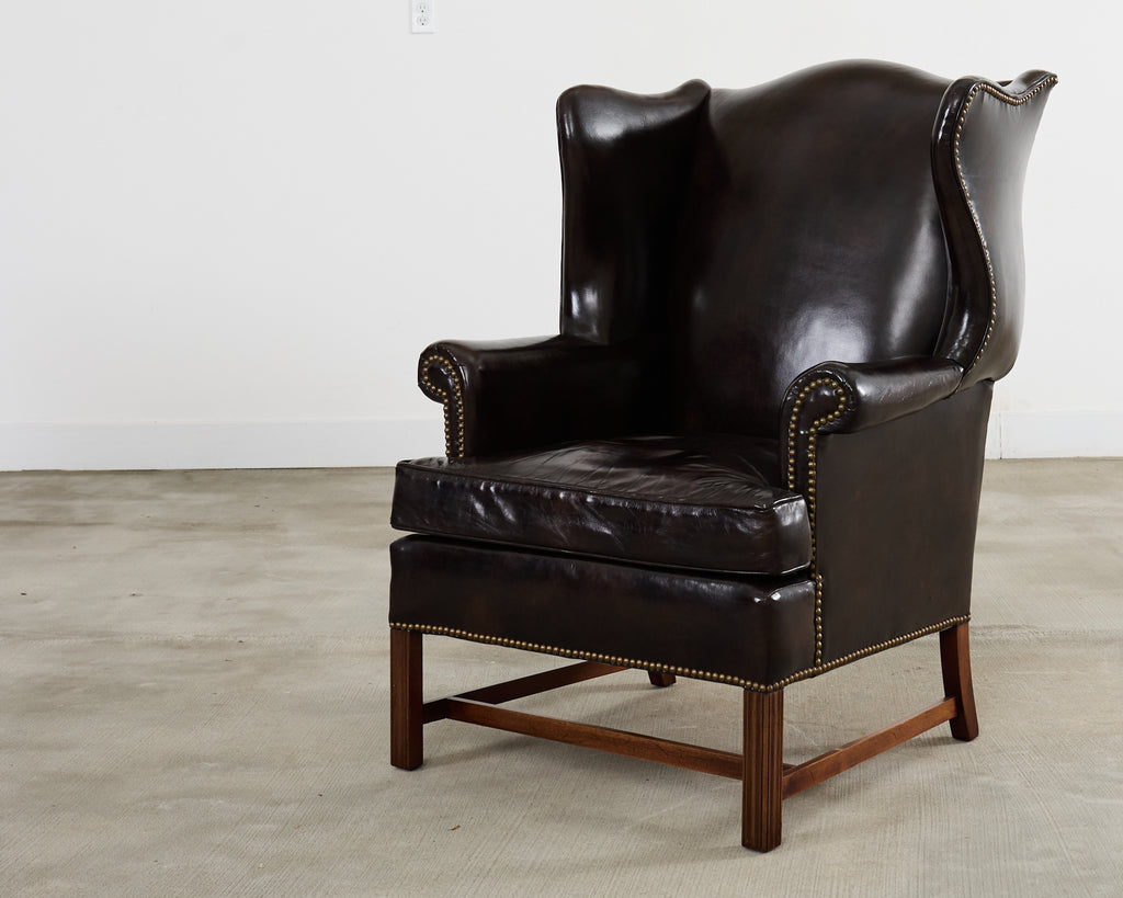 Pair of Georgian Style Cigar Leather Wingback Library Chairs