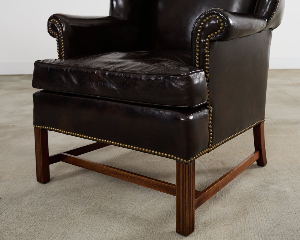 Pair of Georgian Style Cigar Leather Wingback Library Chairs