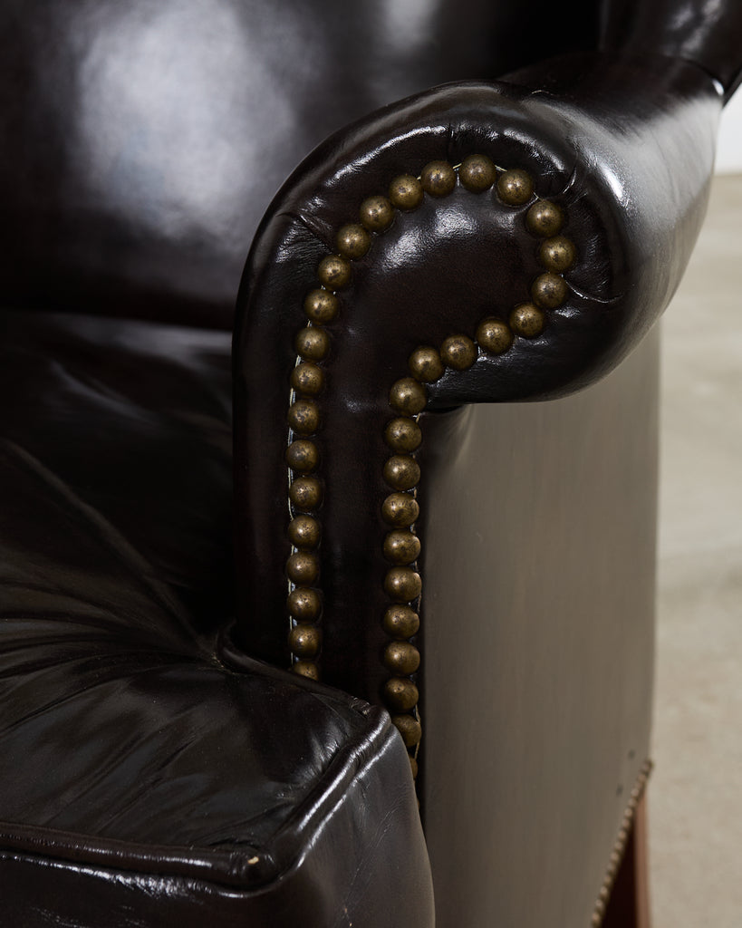 Pair of Georgian Style Cigar Leather Wingback Library Chairs