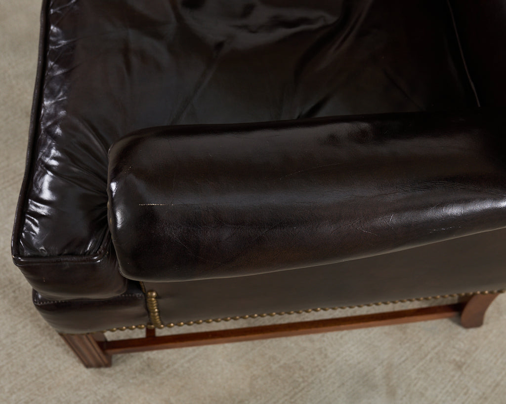 Pair of Georgian Style Cigar Leather Wingback Library Chairs