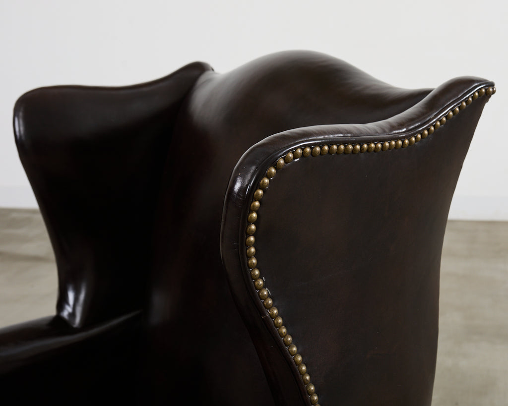 Pair of Georgian Style Cigar Leather Wingback Library Chairs