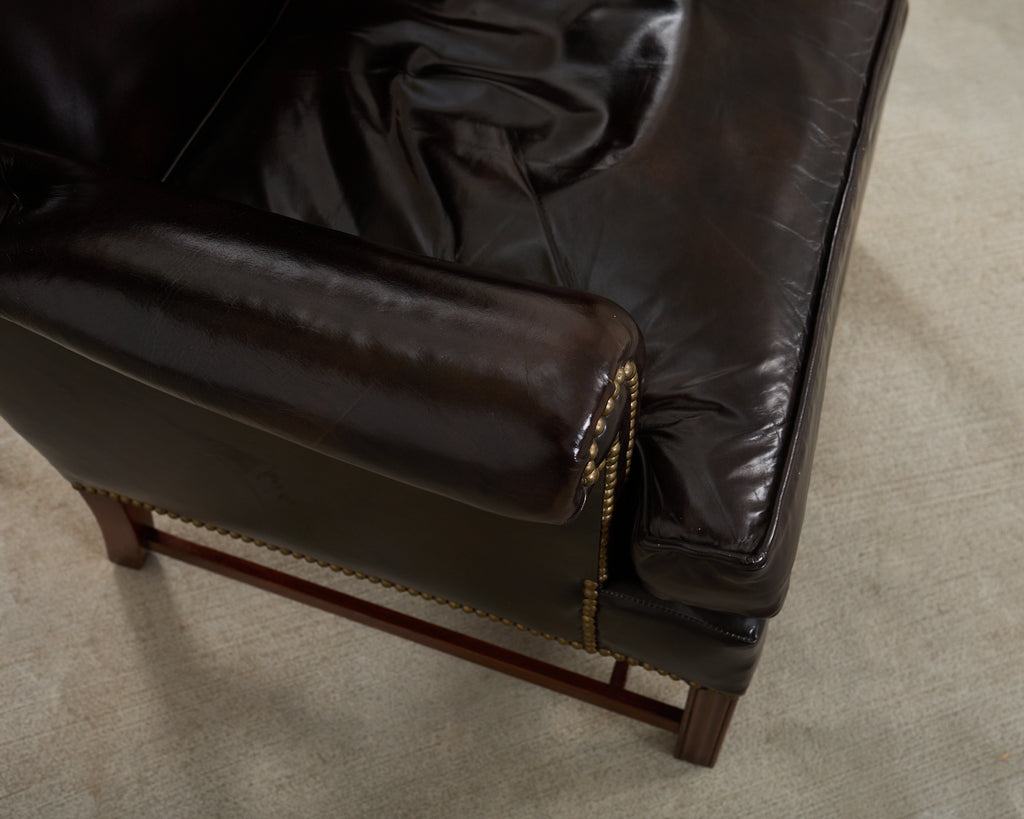 Pair of Georgian Style Cigar Leather Wingback Library Chairs