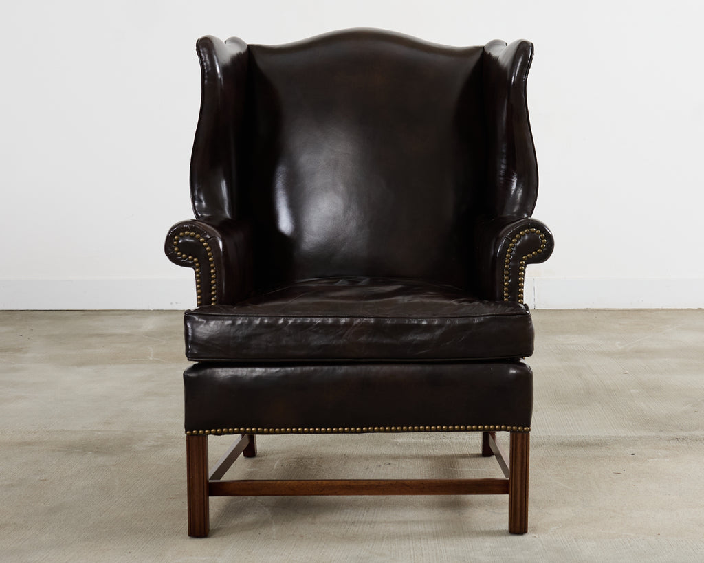 Pair of Georgian Style Cigar Leather Wingback Library Chairs