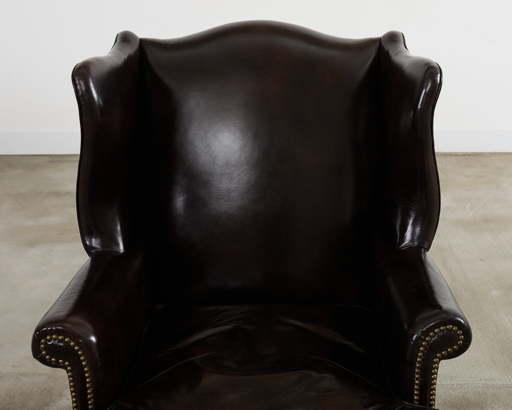Pair of Georgian Style Cigar Leather Wingback Library Chairs