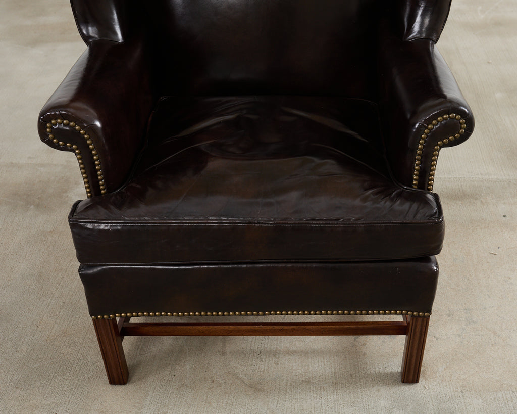 Pair of Georgian Style Cigar Leather Wingback Library Chairs