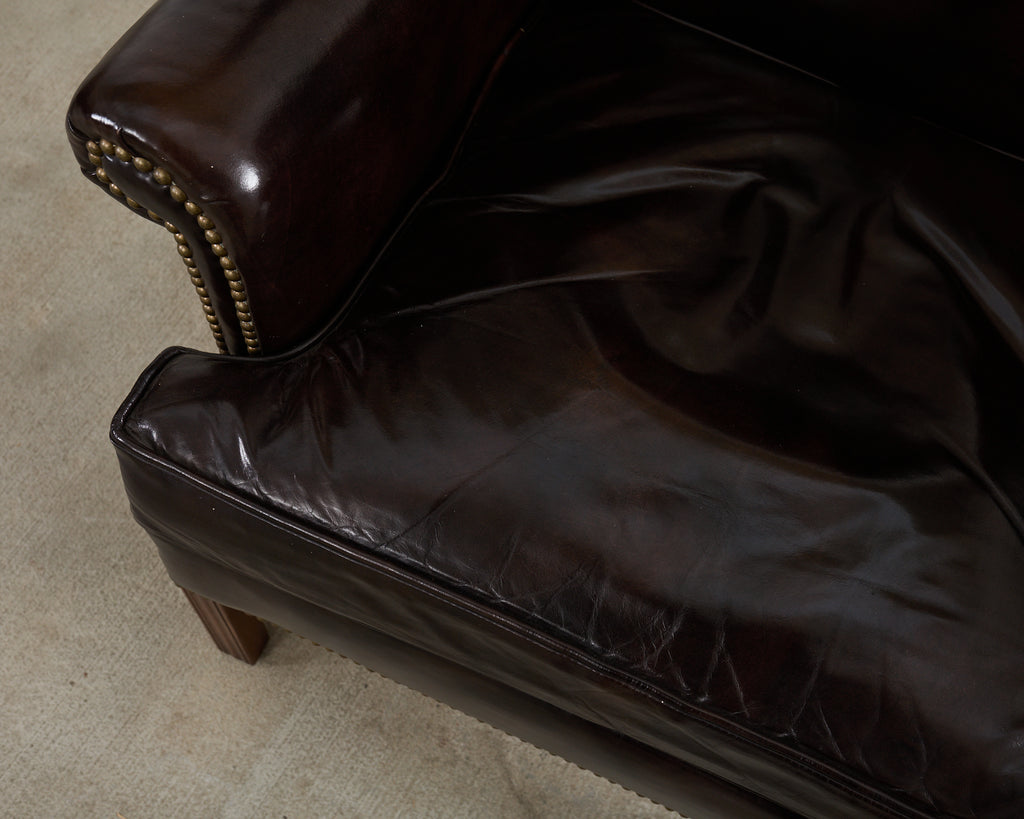 Pair of Georgian Style Cigar Leather Wingback Library Chairs