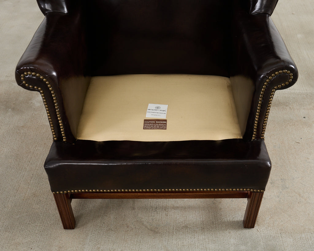 Pair of Georgian Style Cigar Leather Wingback Library Chairs