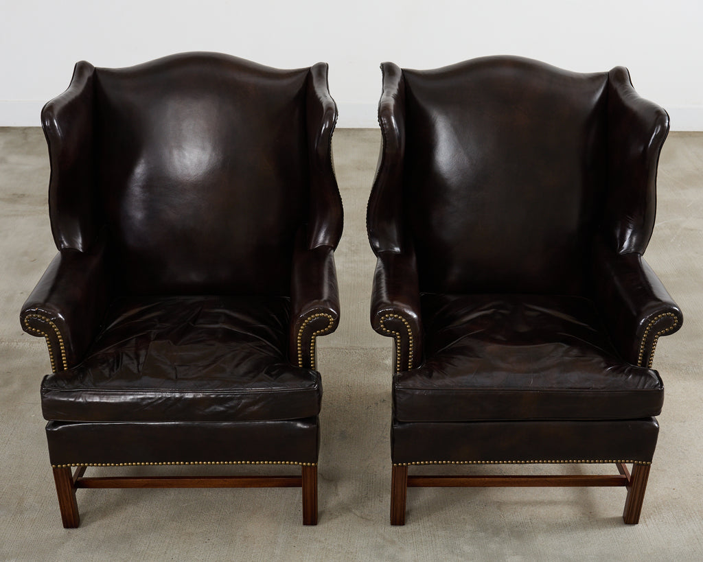 Pair of Georgian Style Cigar Leather Wingback Library Chairs