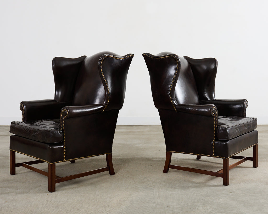 Pair of Georgian Style Cigar Leather Wingback Library Chairs