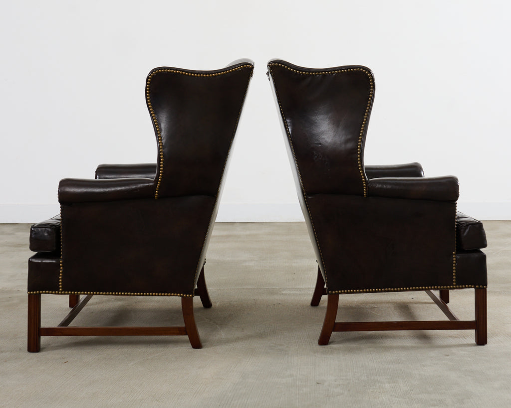 Pair of Georgian Style Cigar Leather Wingback Library Chairs