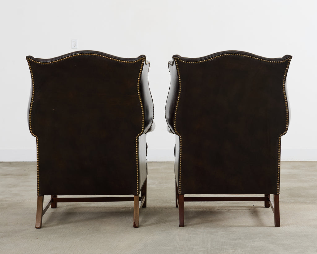 Pair of Georgian Style Cigar Leather Wingback Library Chairs