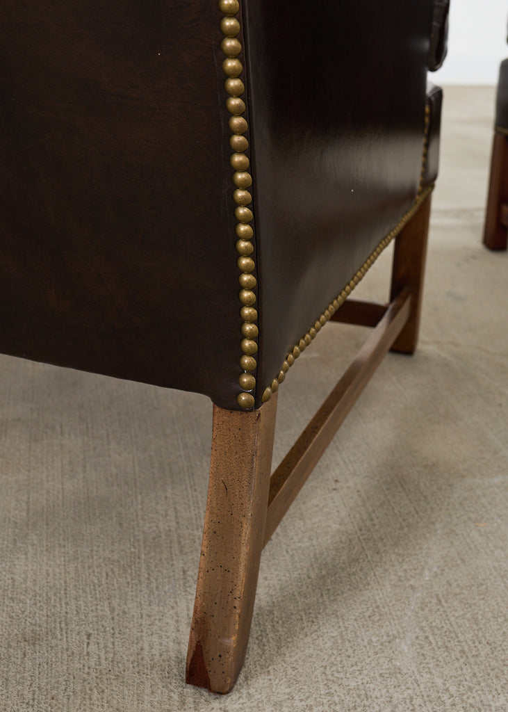 Pair of Georgian Style Cigar Leather Wingback Library Chairs