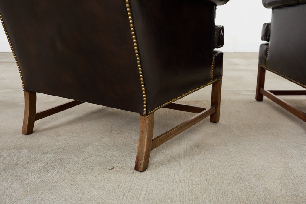 Pair of Georgian Style Cigar Leather Wingback Library Chairs