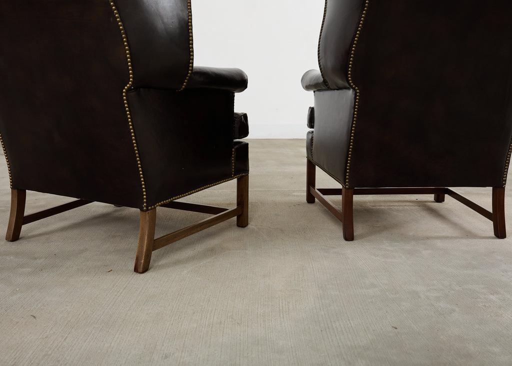 Pair of Georgian Style Cigar Leather Wingback Library Chairs