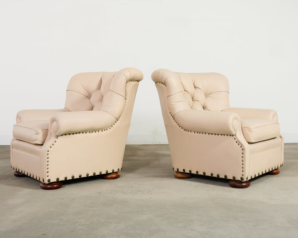 Pair of Ralph Lauren Style Leather Writer's Chairs + Ottomans