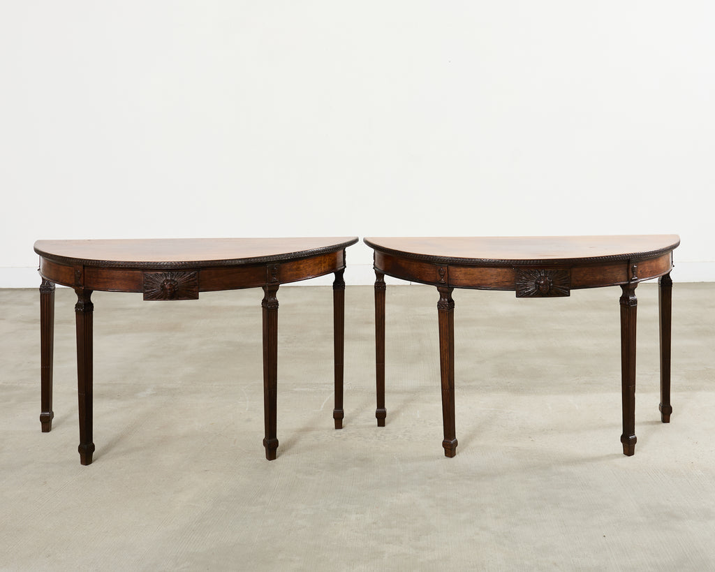 Pair of Italian Neoclassical Walnut Apollo Sunburst Demilunes