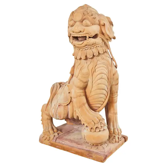 Monumental Chinese Carved Wonder Foo Dog Lion Temple Sculpture