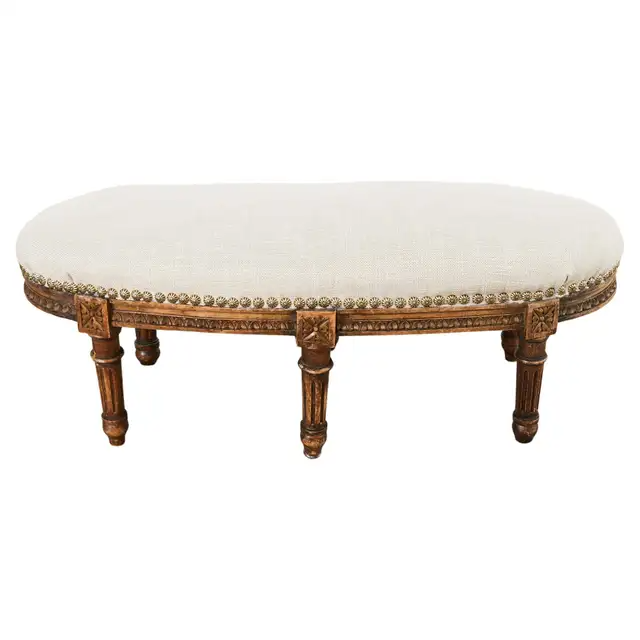 19th Century French Louis XVI Walnut Six Leg Oval Footstool