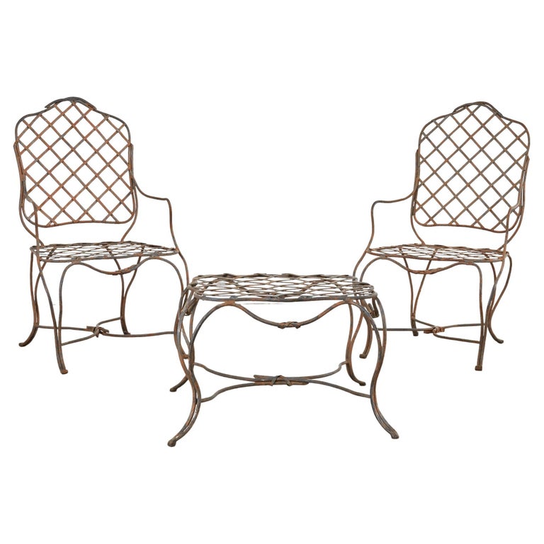 Pair of Rose Tarlow Style Twig Iron Dining Armchairs with Ottoman