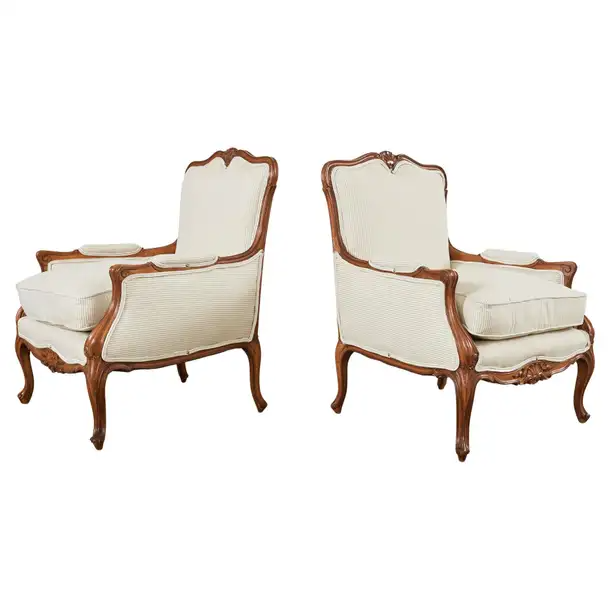 Pair of Country French Provincial Walnut Carved Armchairs