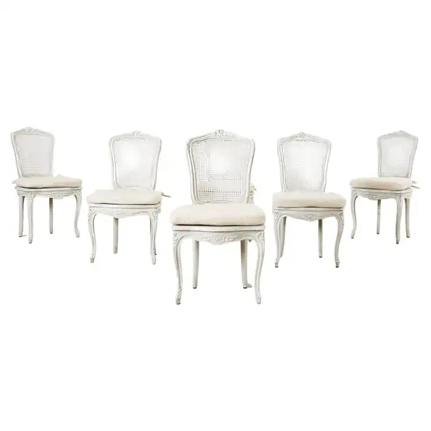Set of Six French Provincial Style Painted Cane Dining Chairs