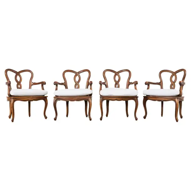 Set of Four Italian Rococo Style Venetian Walnut Armchairs