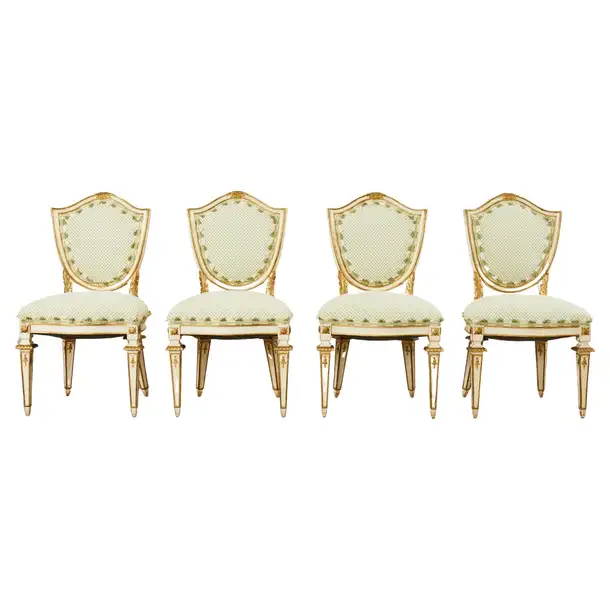 Set of Four Venetian Parcel Gilt Painted Shield Back Dining Chairs