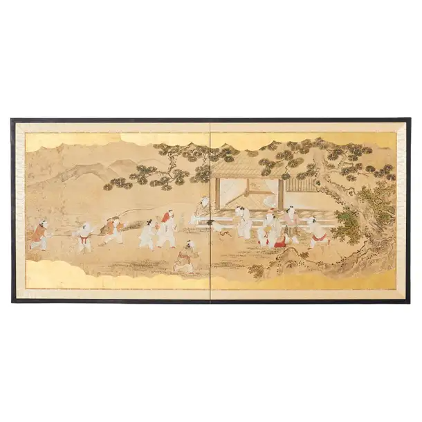 19th Century Japanese Edo Screen Kano School Garden Terrace