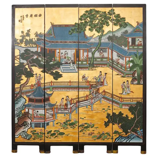Chinese Export Four Panel Gilt Lacquered Coromandel Screen