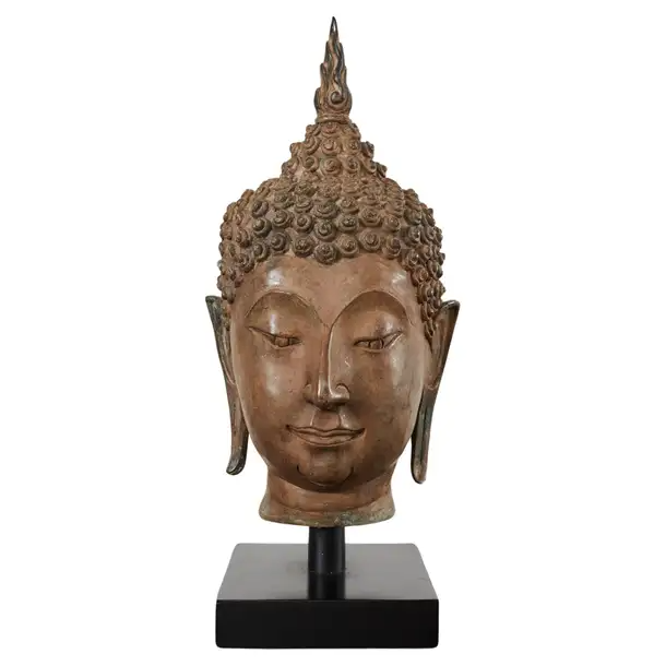 Large Patinated Bronze Sukhothai Style Buddha Head Sculpture