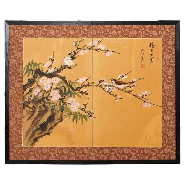 Asian Two Panel Table Screen Flowering Prunu with Songbird