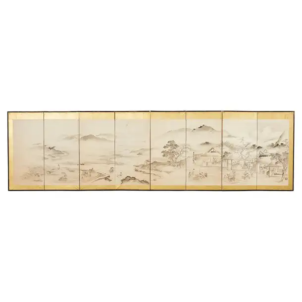 Japanese Meiji Eight Panel Screen Village Landscape with Figures