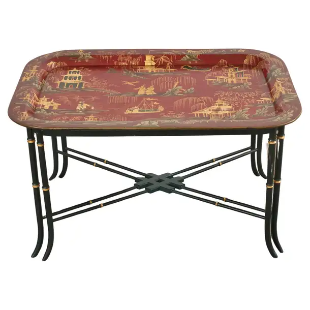 English Chinoiserie Style Faux Bamboo Lacquered Tray Table
