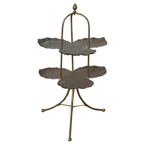 Patinated Bronze Brass Lotus Leaf Tiered Dessert Stand
