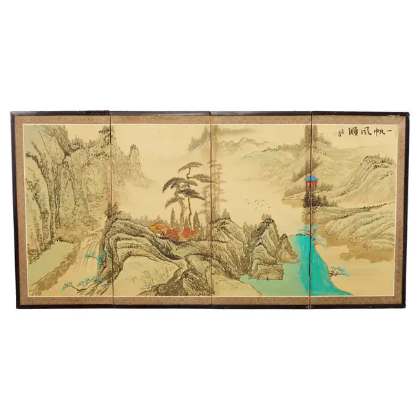 Japanese Style Four Panel Screen Turquoise River Landscape