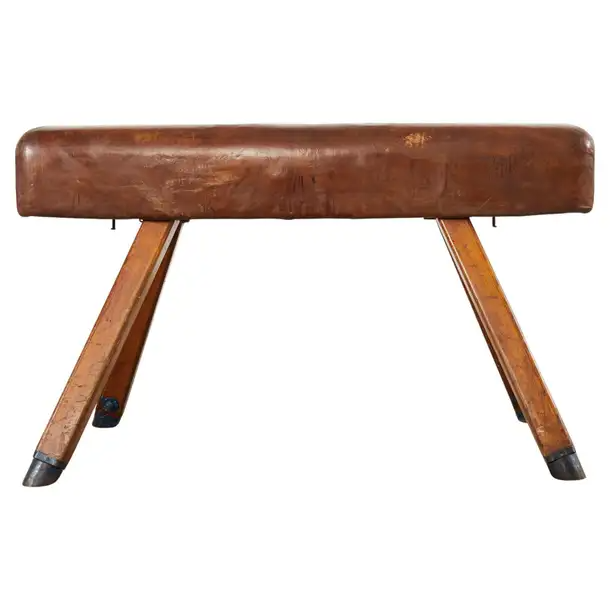 Midcentury Gymnastic Leather and Oak Pommel Horse Bench