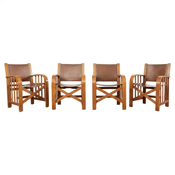 Set of Four Ralph Lauren Shelter Sky Ash Leather Sling Dining Chairs