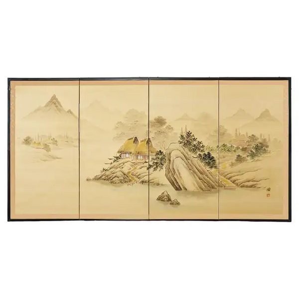 Japanese Showa Four Panel Screen Rustic Lakeside Village – Erin 